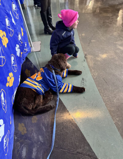 Mac the dog sitting next to a young girl with a pink beanie who is kneeling with the dog